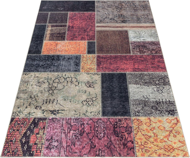 Carpetsale24 Waschbarer Kurzflor Teppich Multi 160x230 cm Patchwork Design mit Rutschfester Rückseit