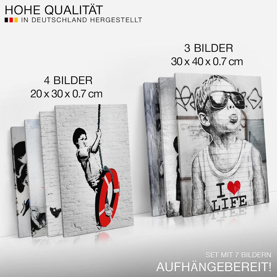 Novart Wandbilder Banksy Collage - KOMPLETT AUFHÄNGFERTIG - Street Art Wohnzimmer Büro- 7 Moderne Mo