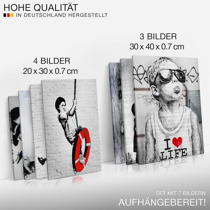 Novart Wandbilder Banksy Collage - KOMPLETT AUFHÄNGFERTIG - Street Art Wohnzimmer Büro- 7 Moderne Mo