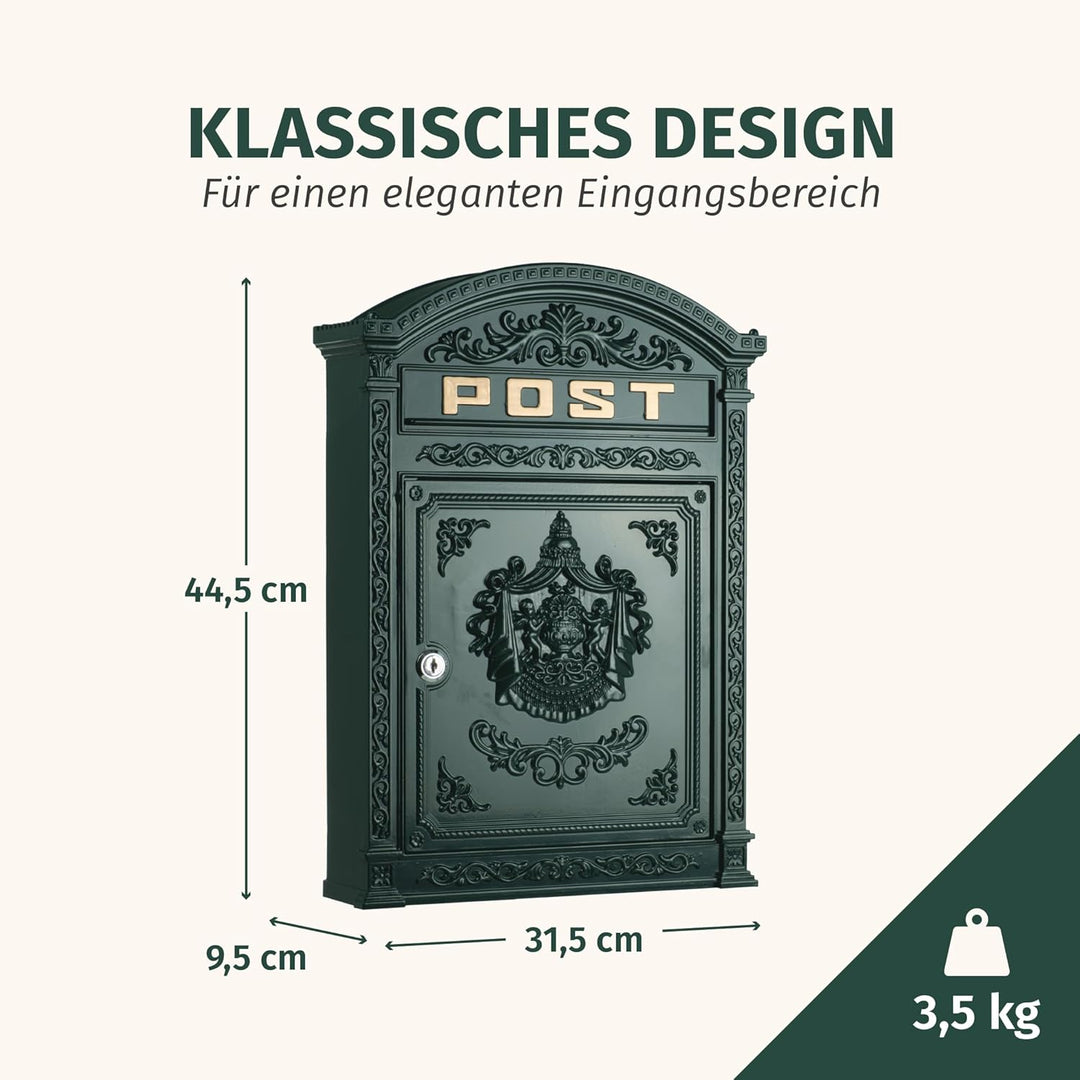 Briefkasten Englischer Postkasten zur Wandmontage grün Nostalgie Antik Stil aus Aluguss Standardform
