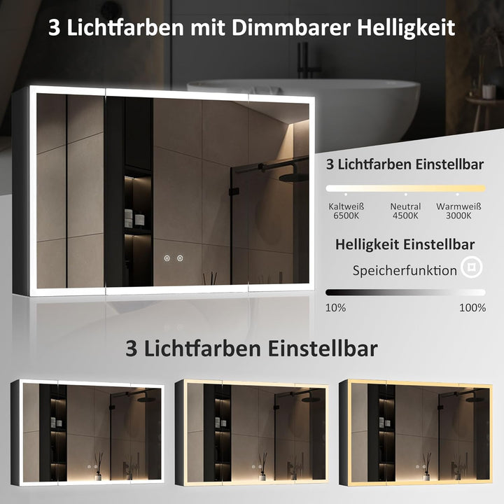 Boromal Spiegelschrank Bad mit Beleuchtung LED Spiegelschrank mit Beleuchtung Schwarz Metall Badezim