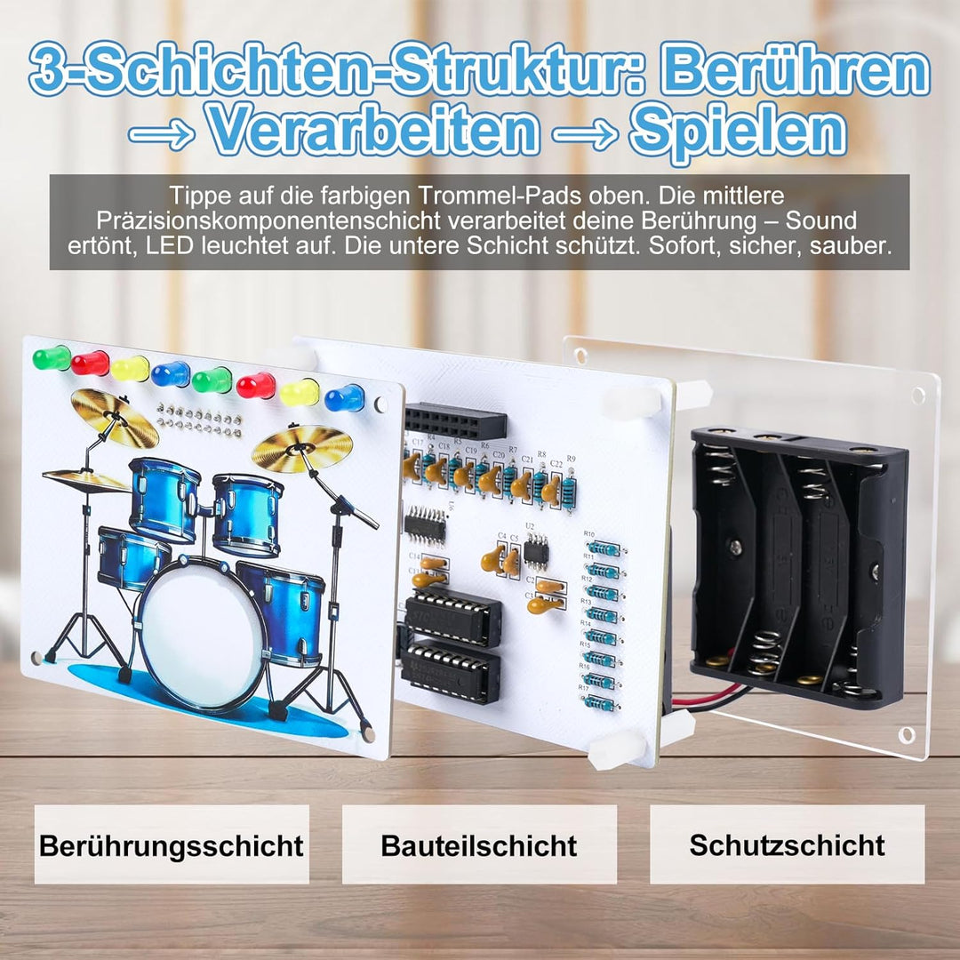 Elektronik Schlagzeug Lötbausatz mit Touch-Sensor, Sound- und LED-Effekten, DIY Drum Kit STEM Lernse