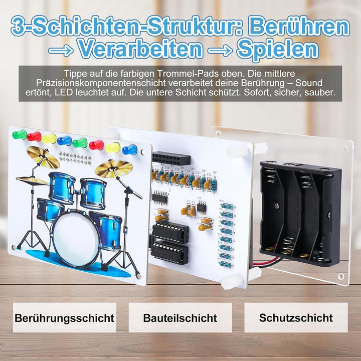 Elektronik Schlagzeug Lötbausatz mit Touch-Sensor, Sound- und LED-Effekten, DIY Drum Kit STEM Lernse