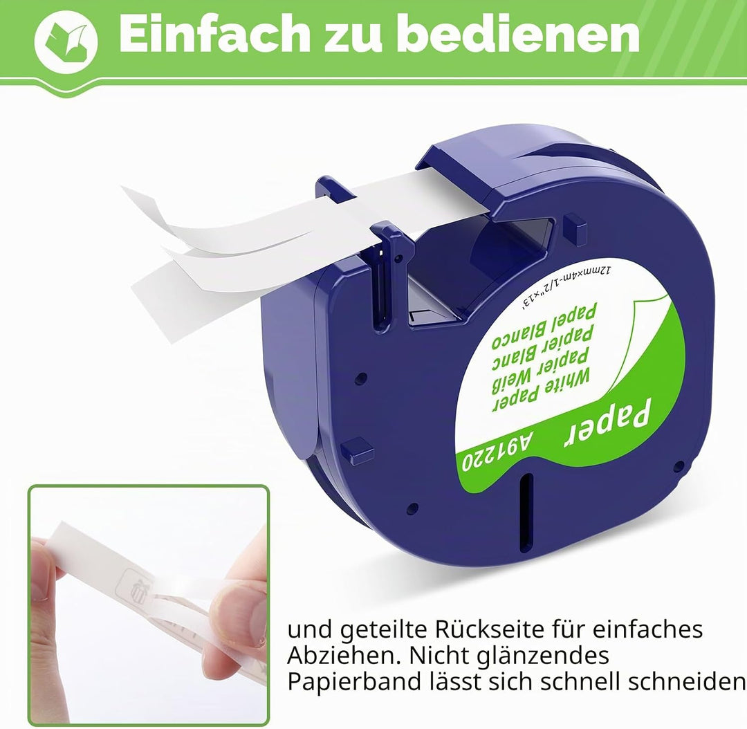 Aken Etikettenband Kompatibel mit Dymo Letratag Papier Etikettenband 91220 Schwarz auf Weiss Paper W
