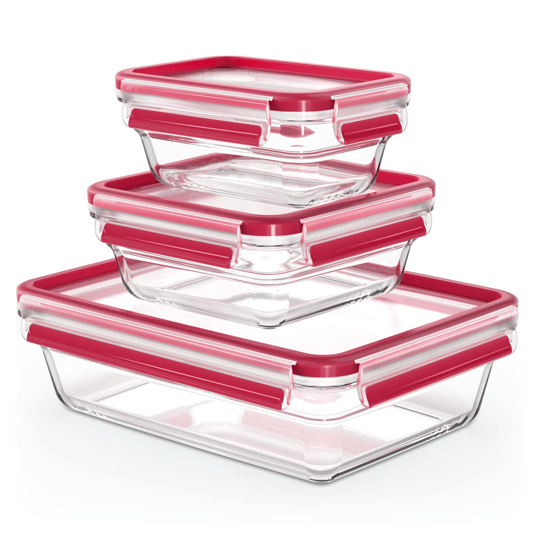 EMSA Clip & Close Glas Frischhaltedosen-Set, rechteckig, 0,45 u. 0,8 u. 2 L, 100 Prozent dicht, Glas