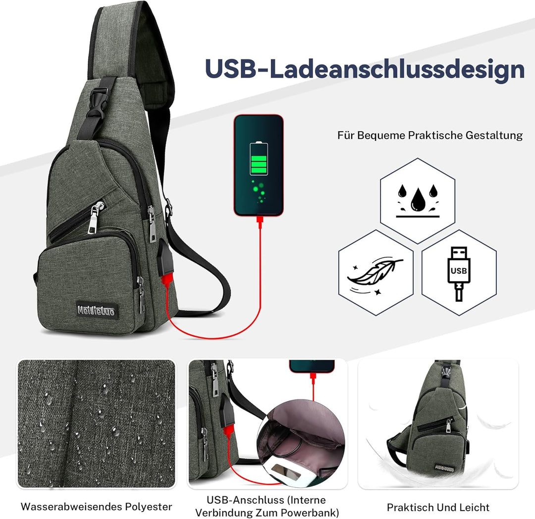 VARLIVOO Herren Sling Bag mit USB Port Crossbody Bag Diebstahlsicherung Schultertaschen Reise Wander