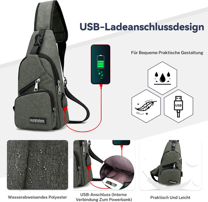 VARLIVOO Herren Sling Bag mit USB Port Crossbody Bag Diebstahlsicherung Schultertaschen Reise Wander