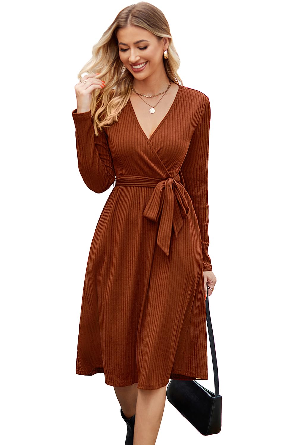 Newshows Strickkleid Damen Herbstkleid V Ausschnitt Pulloverkleid Winterkleid Kleid mit Taschen für