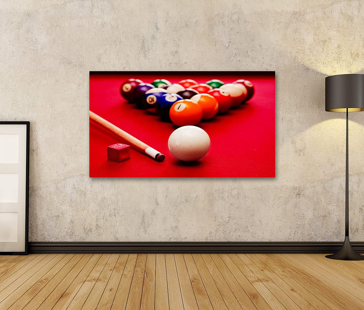 islandburner Bild auf Leinwand Billard Pool Spiel Cue Ball Cue Farbigen Kugeln In Dreieck Kreide Hob