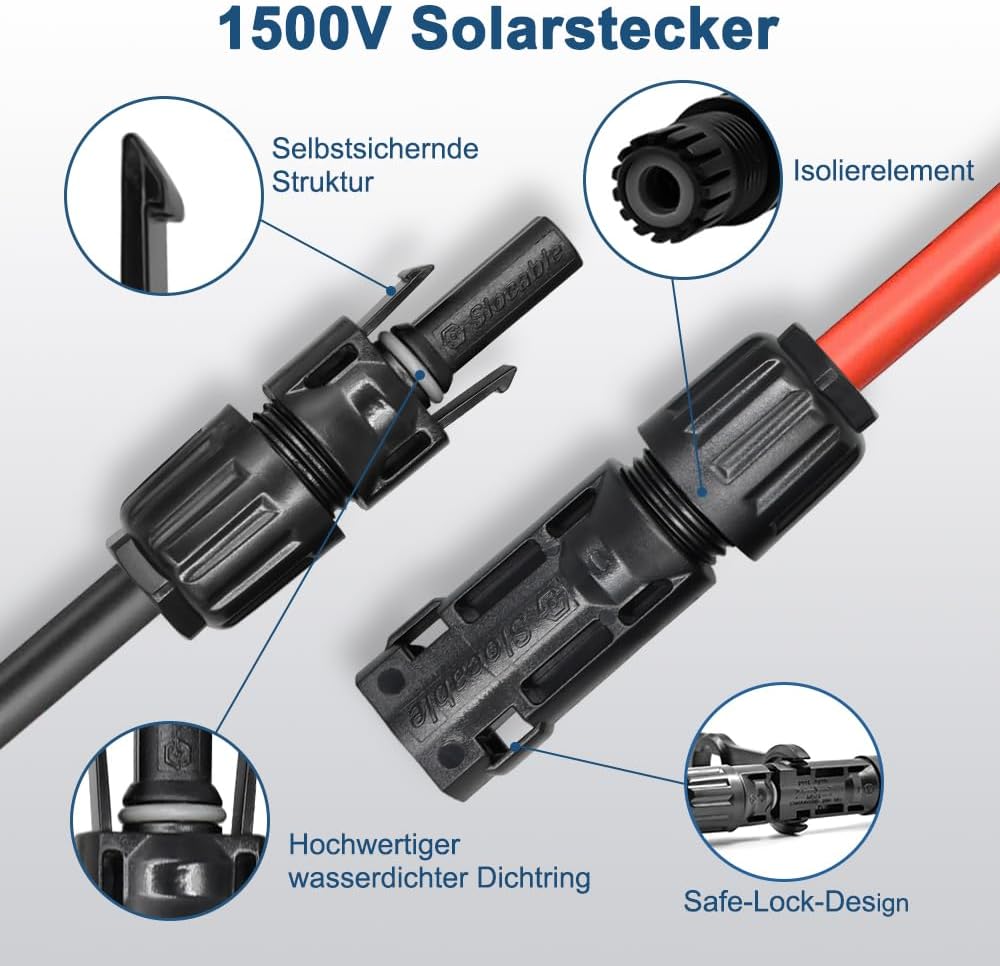 Slocable Solarkabel Verlängerung 10m 10AWG mit IP68 wasserdichtem 1500V PV Stecker, 10m 10awg