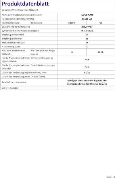 Goodyear Eagle LS2 FP M+S - 225/50R17 94H - Sommerreifen 225/50R17 94H - */FP/ROF/M+S