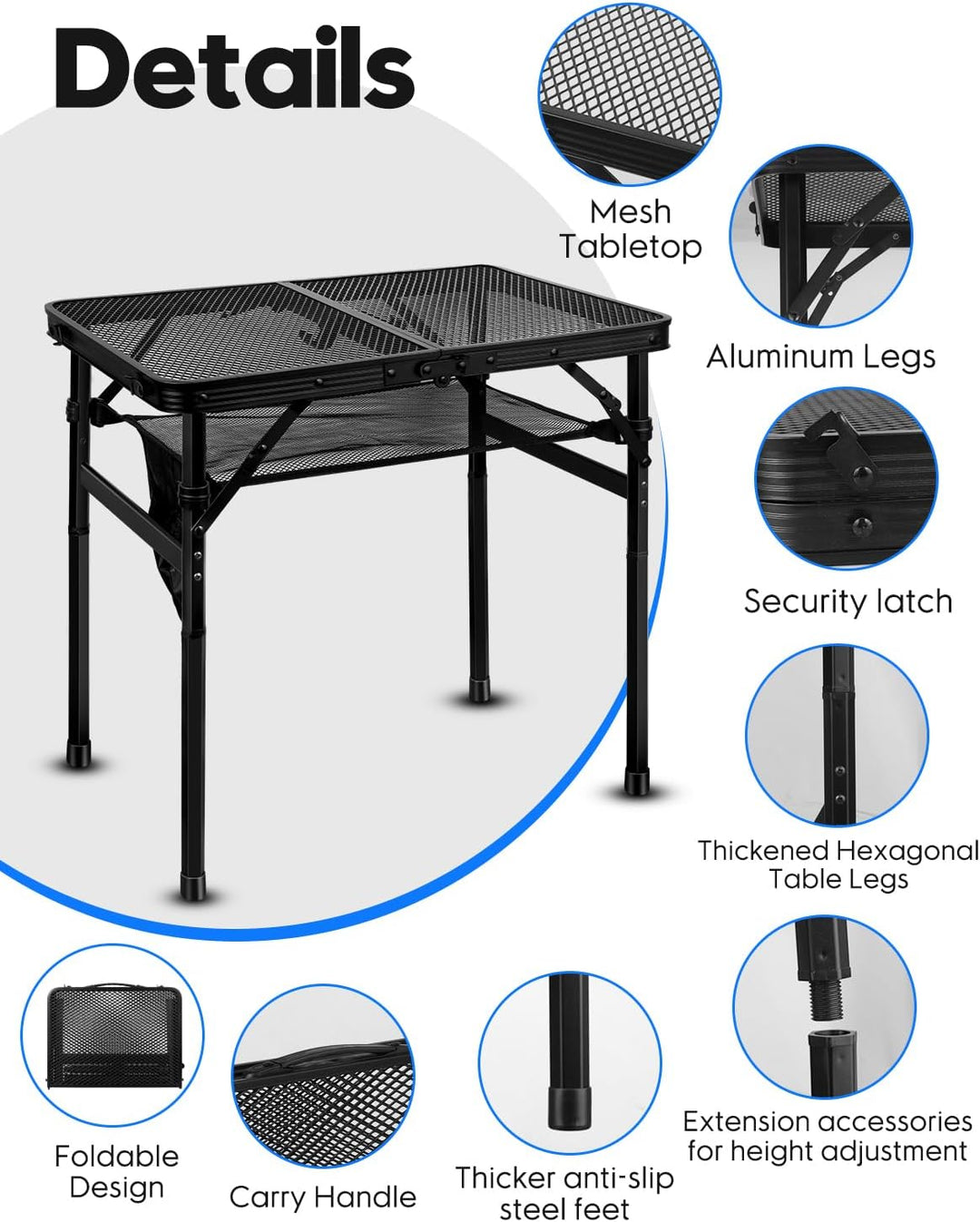 MSDADA Klappbarer Grilltisch, Höhenverstellbarer Aluminiumtisch mit Netz-Desktop und Netztasche, Tra