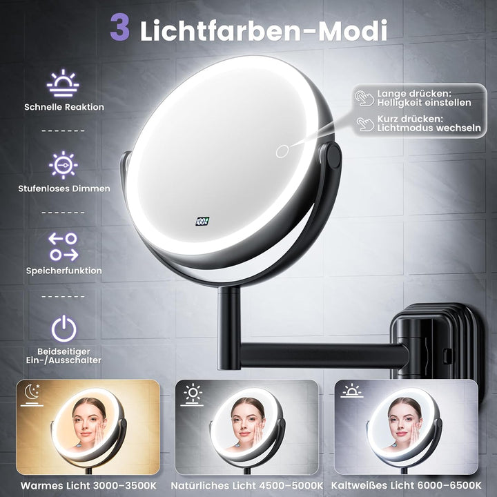 7” Wiederaufladbar Kosmetikspiegel Wandmontage, 1X/10X Schminkspiegel Silber, Silber