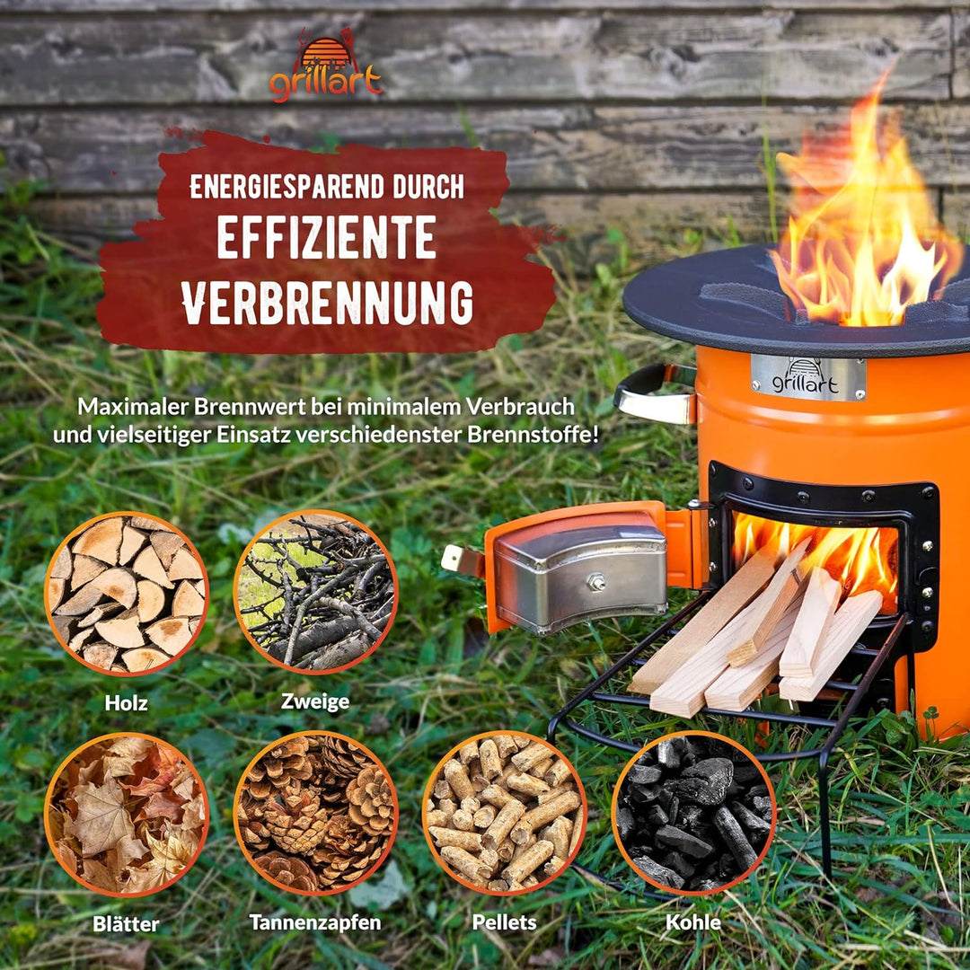 grillart® Raketenofen Outdoor “Powertrain” orange – effizienter Holzofen als Campingkocher für Dutch
