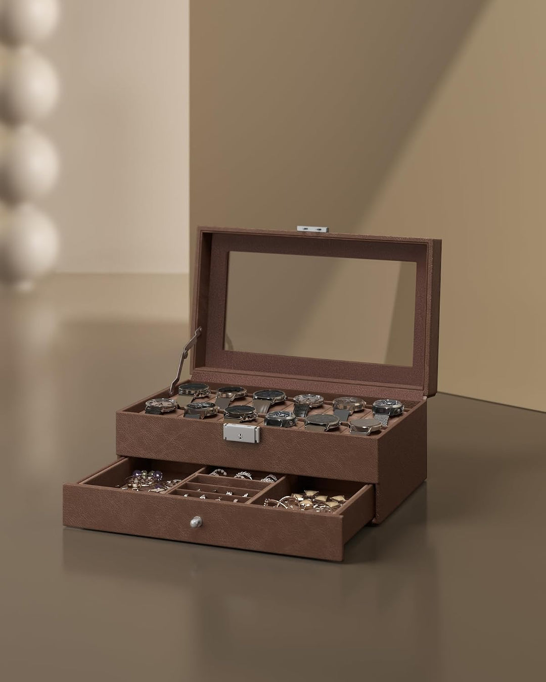 SONGMICS Uhrenbox, Uhrenkasten mit Glasdeckel, Uhrenkoffer 2 Ebenen, für 12 Uhr, abschliessbar, 1 Sc