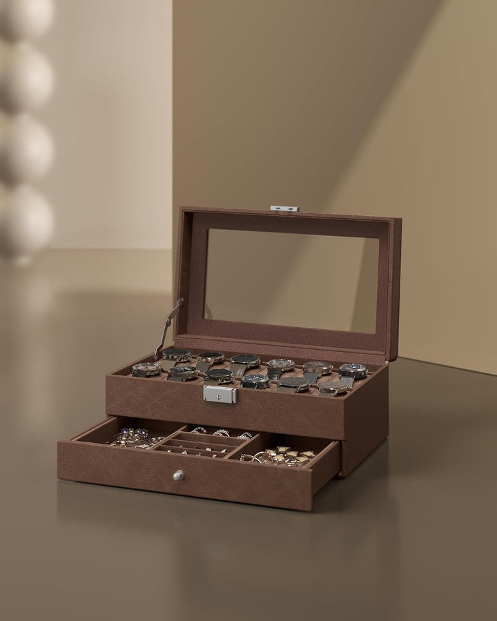 SONGMICS Uhrenbox, Uhrenkasten mit Glasdeckel, Uhrenkoffer 2 Ebenen, für 12 Uhr, abschliessbar, 1 Sc
