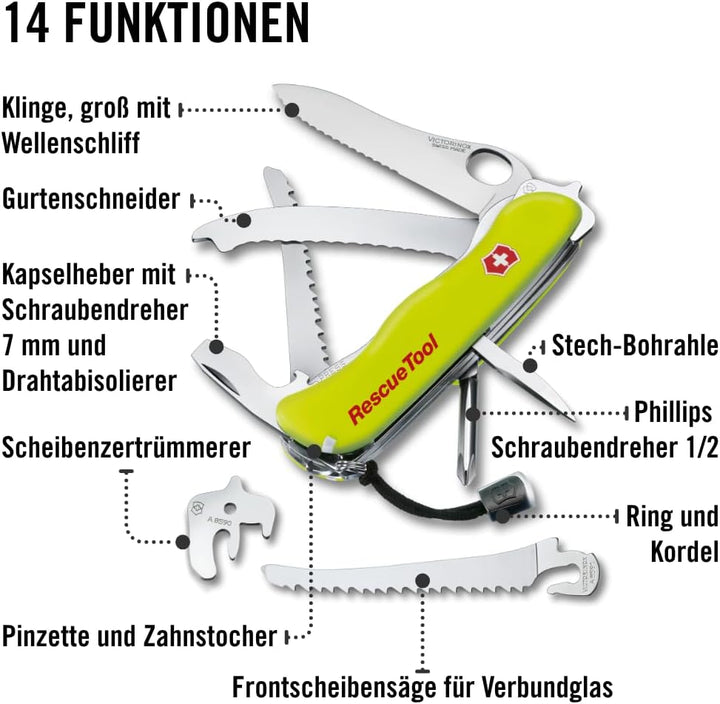 Victorinox Schweizer Taschenmesser Rescue Tool, Swiss Army Knife, 14 Funktionen, Frontscheibensäge,