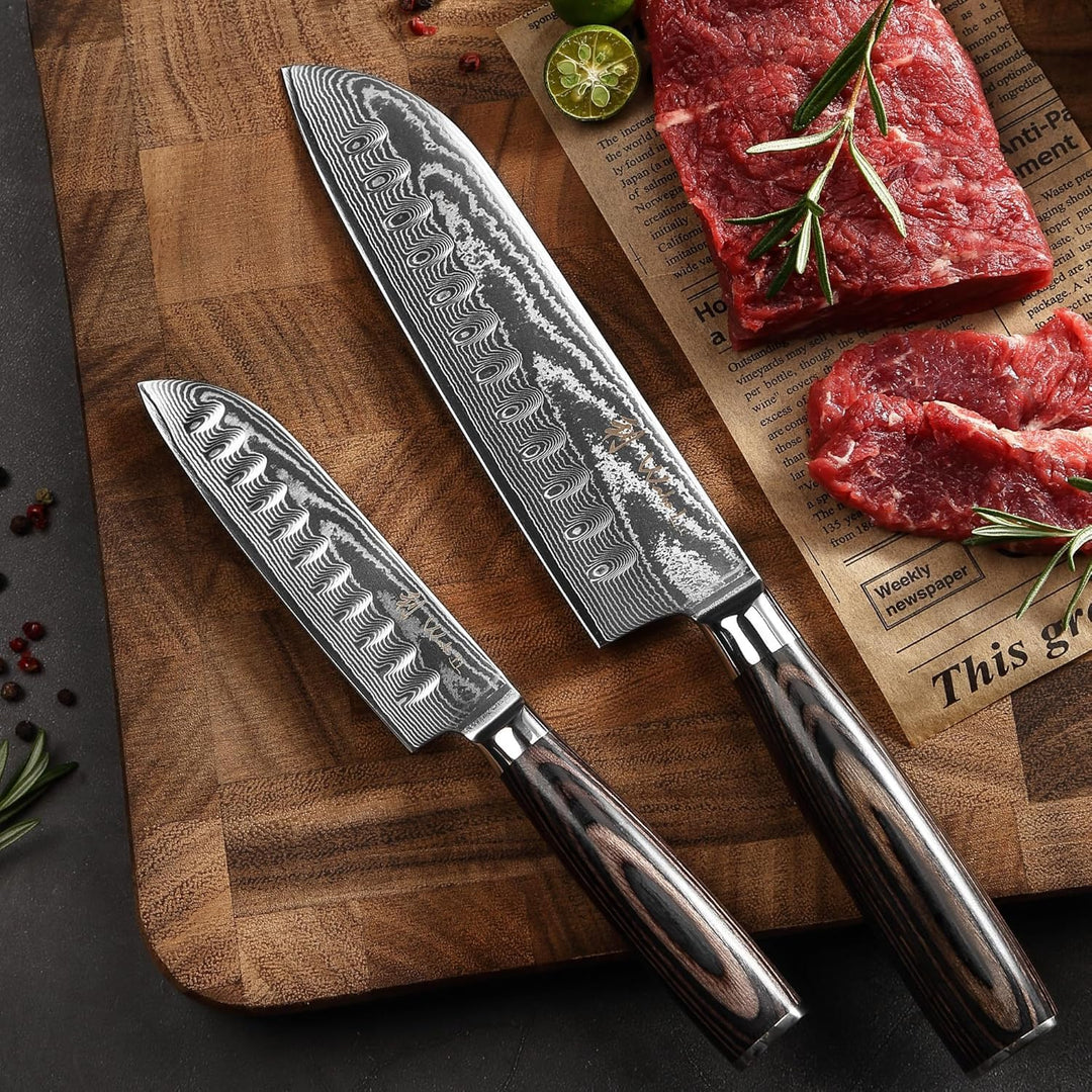 Wakoli EDIB Essentials 2er Damast Küchenmesser Set - 12cm & 18cm Santoku Messer aus 67 Lagen Damasts