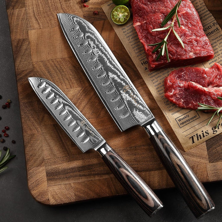 Wakoli EDIB Essentials 2er Damast Küchenmesser Set - 12cm & 18cm Santoku Messer aus 67 Lagen Damasts