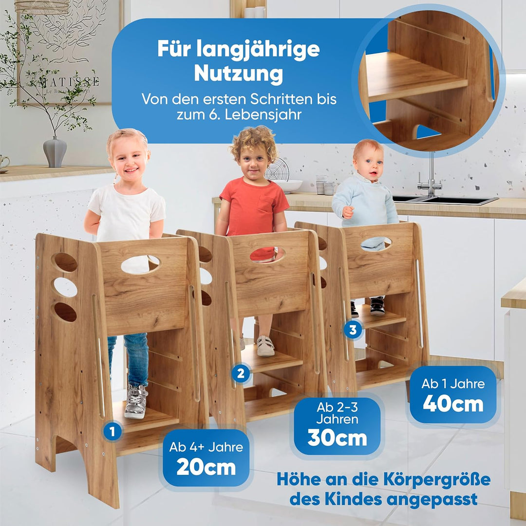 Kitchen Kids Helper Lernturm ab 1 Jahr - Höhenverstellbarer Lernturm Montessori Eiche 80cm - Sichere
