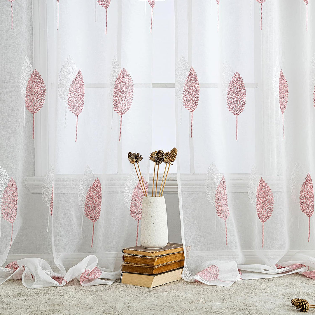 MIULEE Gardinen Transparent mit Rosa und Weiss Blätter Muster, Ösen Gardinen 260 cm Hoch, Modern Gar
