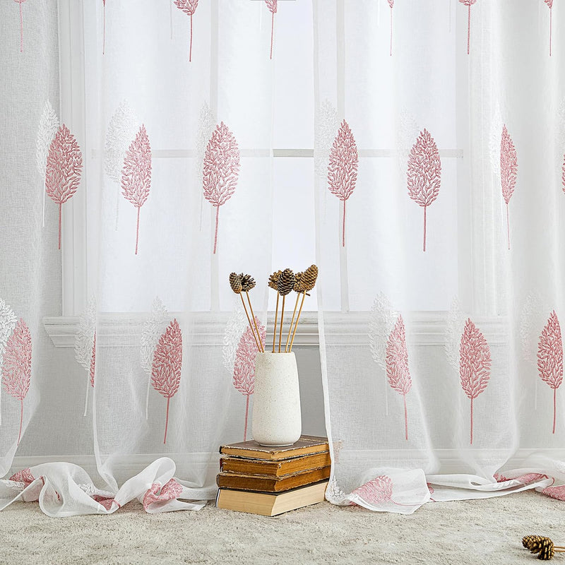 MIULEE Gardinen Transparent mit Rosa und Weiss Blätter Muster, Ösen Gardinen 260 cm Hoch, Modern Gar