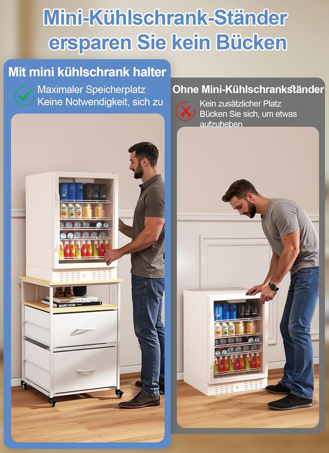 Portable Mini-Kühlschrankregal mit 4 Rollen Schrank mit 2 Schubladen Küchenwagen Wagen Beistelltisch