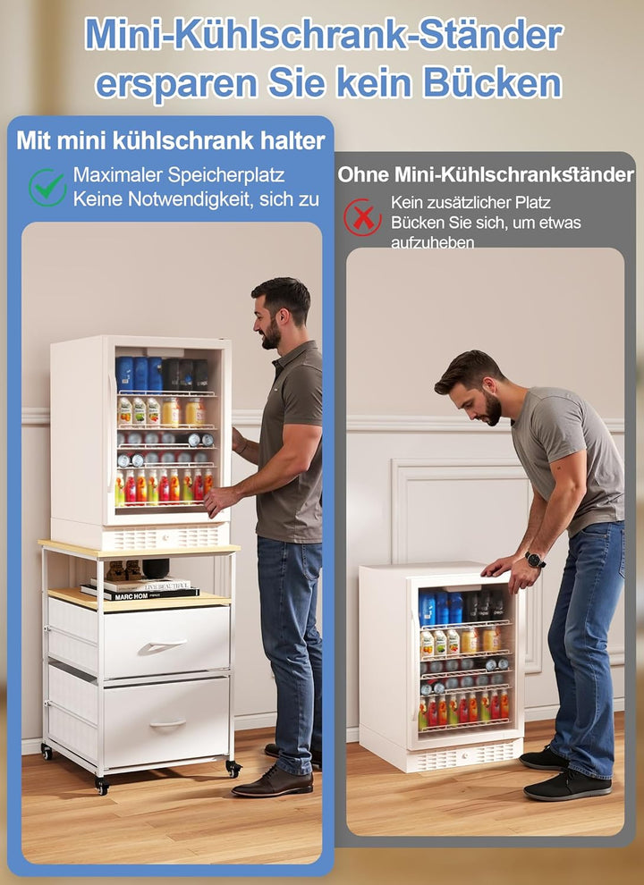 Portable Mini-Kühlschrankregal mit 4 Rollen Schrank mit 2 Schubladen Küchenwagen Wagen Beistelltisch
