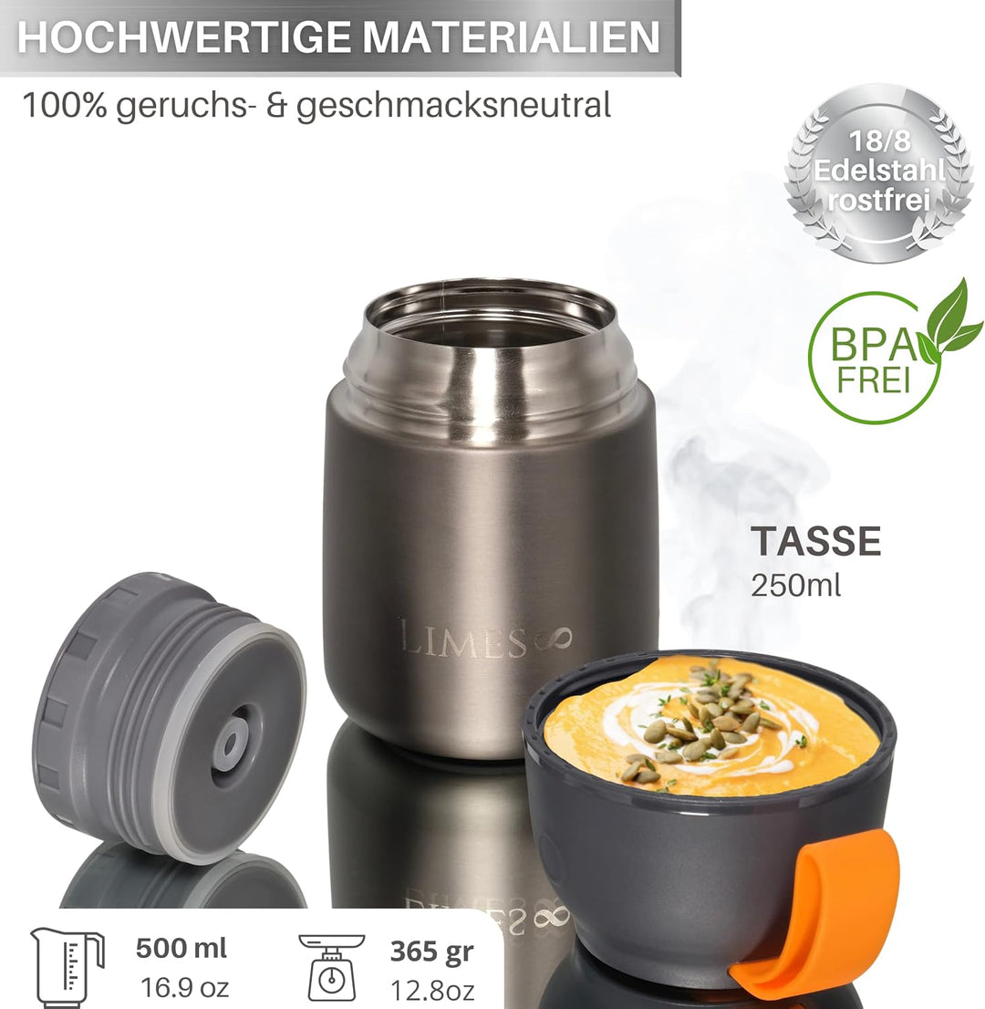 Edelstahl Thermobehälter für Essen - 500ml - Thermo Lunchbox - Warmhaltebehälter für Speisen - Essen