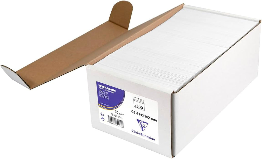 Clairefontaine 6916C - Karton mit 500 Umschlägen C6-114x162mm, selbstklebend, 90g, Weiss, 1 Karton 9