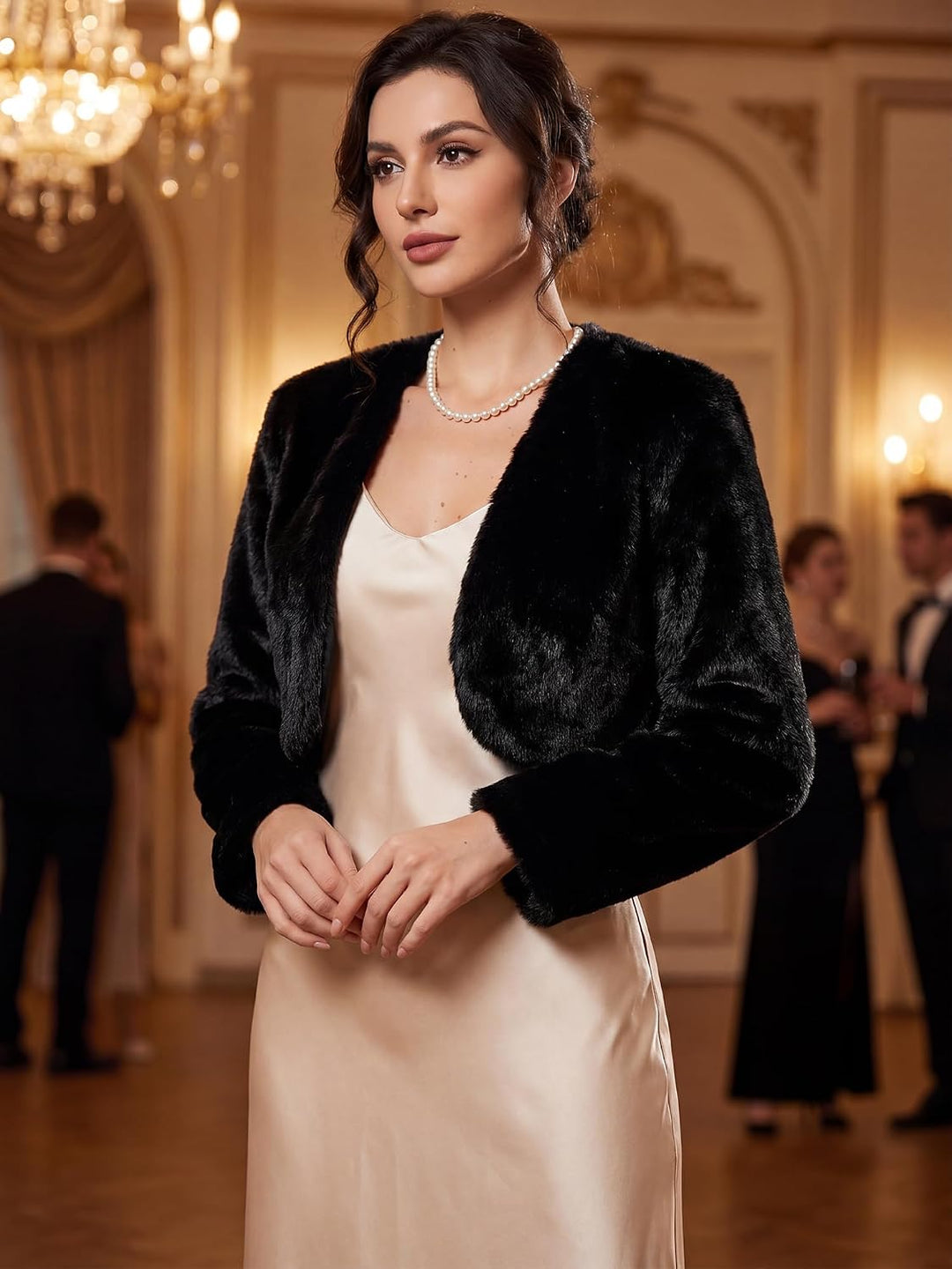 Allegra K Damen Bolero Langarm Braut Winterjacke Kurz Geschnittene Offenem Fell Kunstpelz Hochzeits