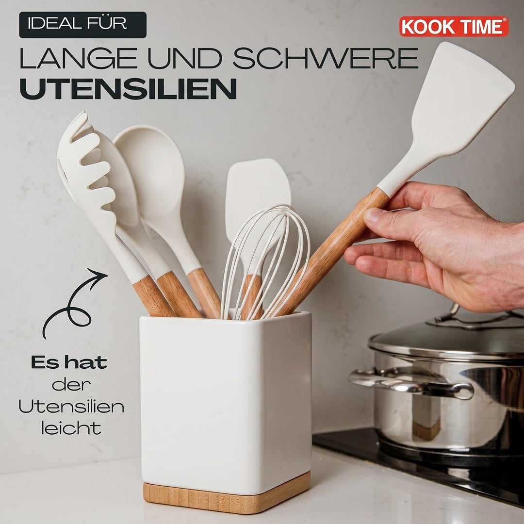KOOK TIME Küchenutensilienhalter - Utensilienhalter küche aus keramik und Bambus - Quadratischer küc