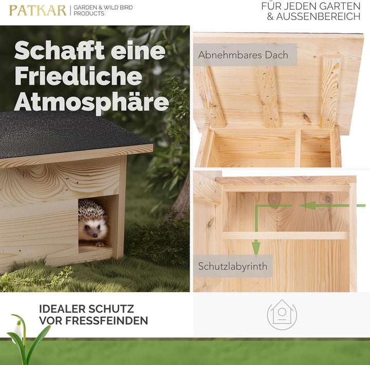 PATKAR Igelhaus Winterfest mit Boden [SCHÜTZT VOR FRESSFEINDEN] - Premium Igelfutterhaus (Made in Eu