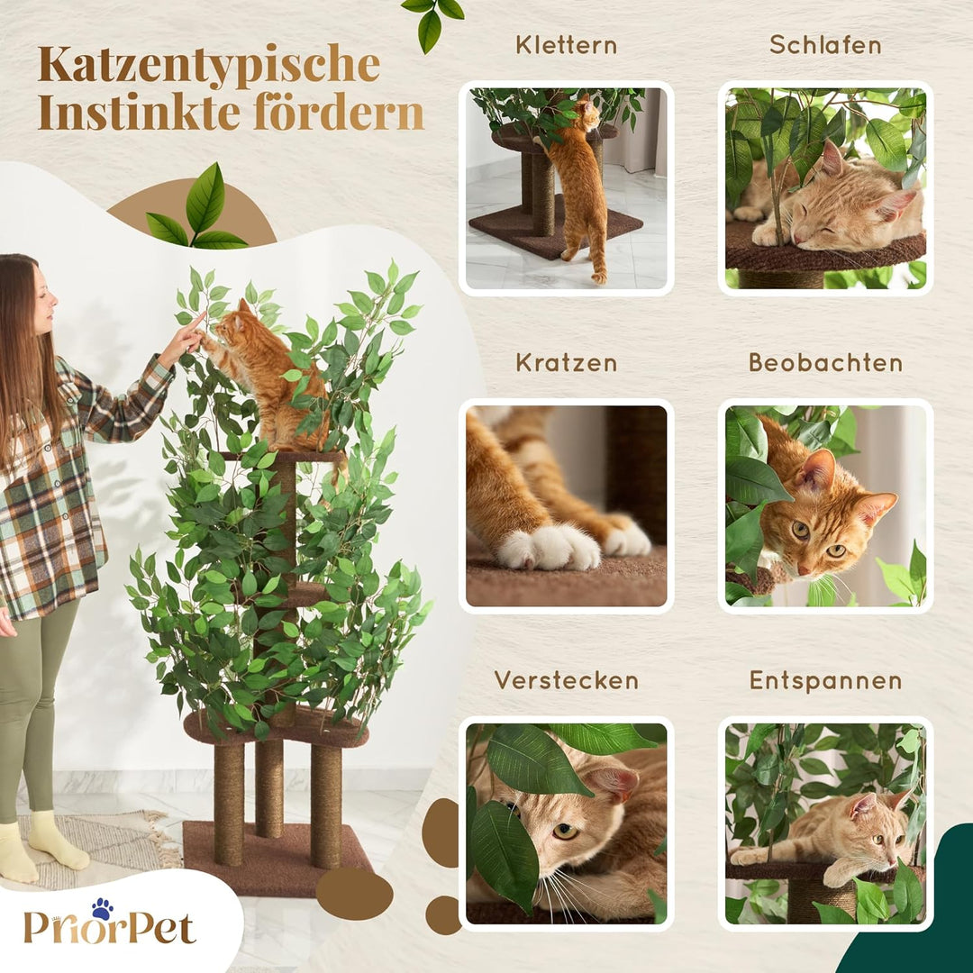 Kratzbaum mit Blättern – Stabiler & Platzsparender Katzenbaum – 4 kratzbare Ebenen & 3 Kratzsäulen –