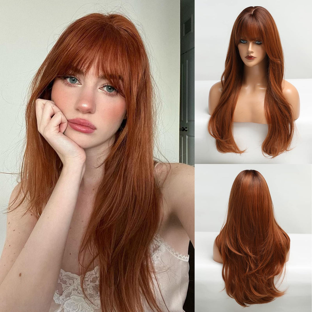 HAIRCUBE Lange Auburn Perücke mit Pony Layered Lockige Orange Perücken für Frauen Natürliche synthet