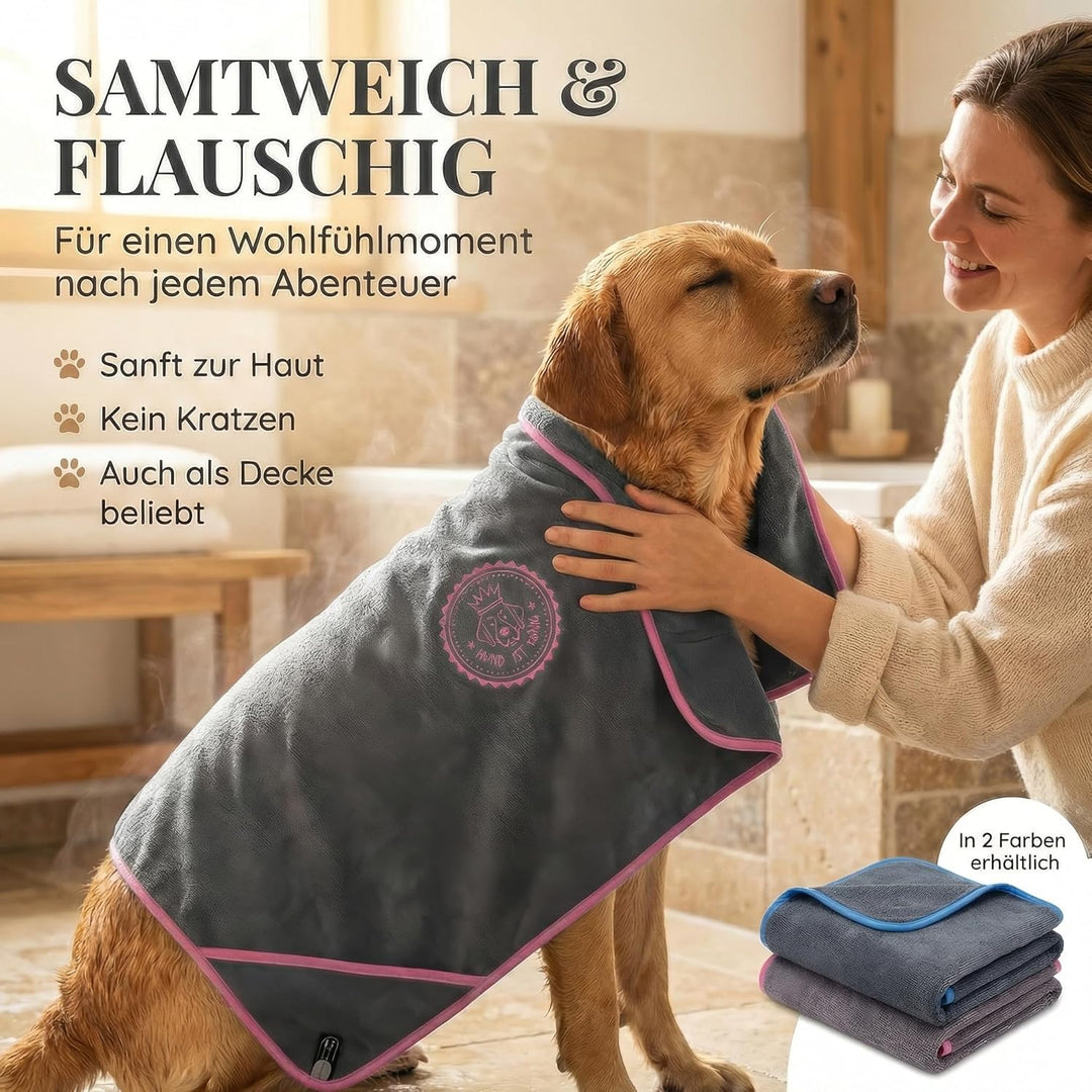 HUND IST KÖNIG Hundehandtuch extra saugfähig - Hunde Handtuch saugstark aus Mikrofaser mit 4 Eingrif