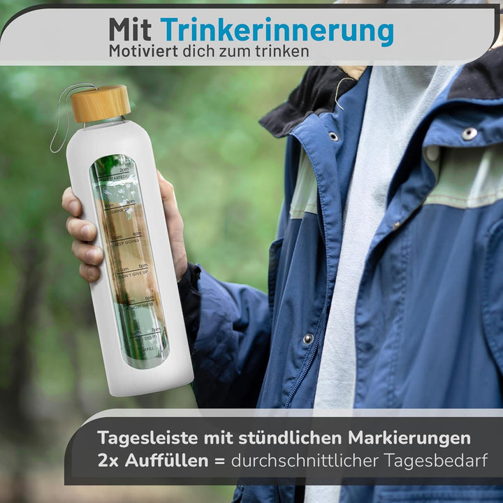 Trinkflasche 1l Glas, Wasserflasche 1l, Glasflasche 1 Liter, Trinkflasche-Glas-1l, Water Bottle (Bor