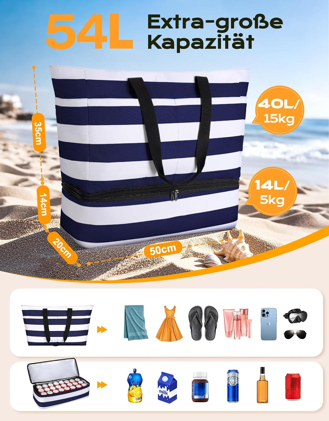 CIRYCASE Strandtasche XXL Familie mit Kühlfach, 54L Grosse Badetasche Strandtasche mit Reissverschlu