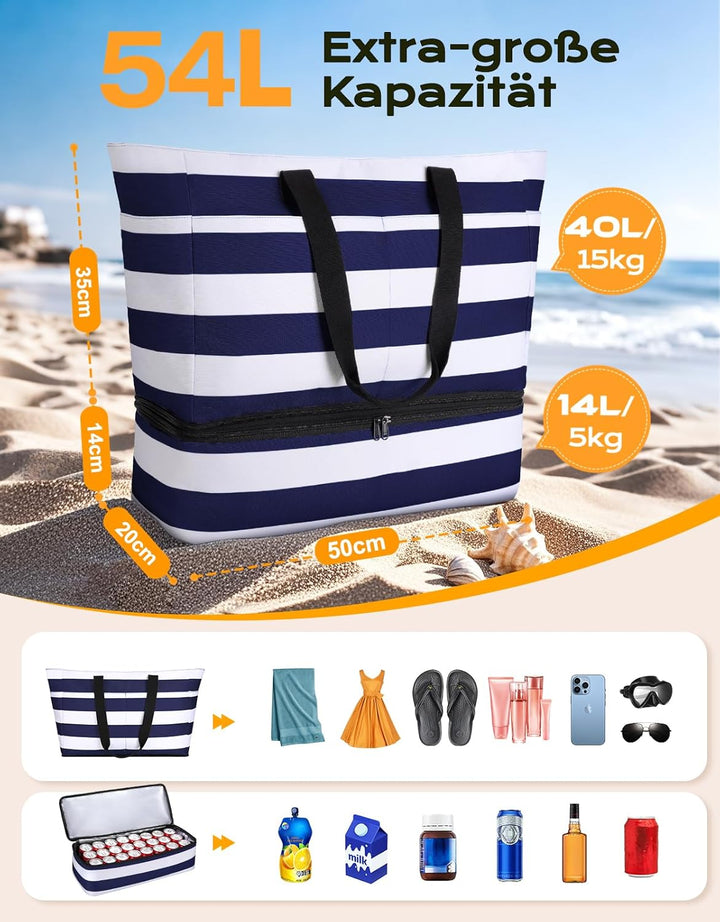CIRYCASE Strandtasche XXL Familie mit Kühlfach, 54L Grosse Badetasche Strandtasche mit Reissverschlu