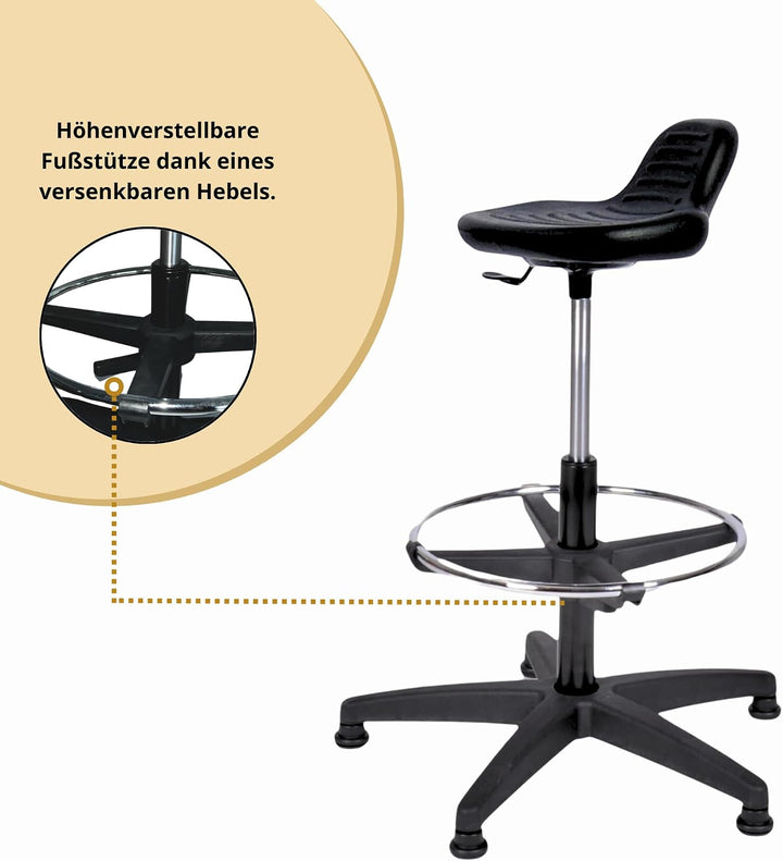 Topsit IND000014 Arbeitshocker Stehhilfe hoch mit Fussring zur Ablage, Abwischbar für Labor geeignet