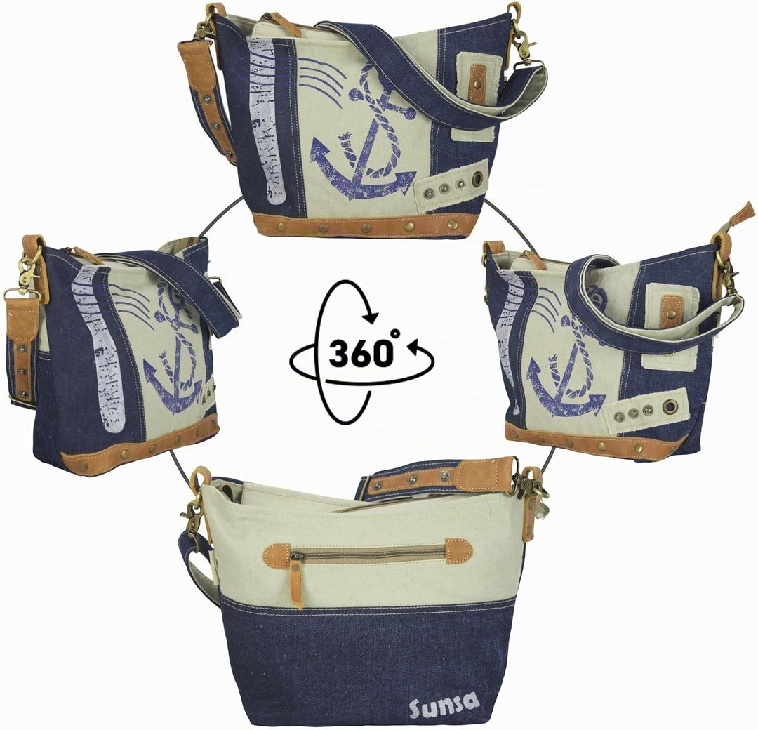 Sunsa Damen Tasche Umhängetasche. kleine Canvas Bag mit Recycelte Jeans und Leder. Vintage Design Ta