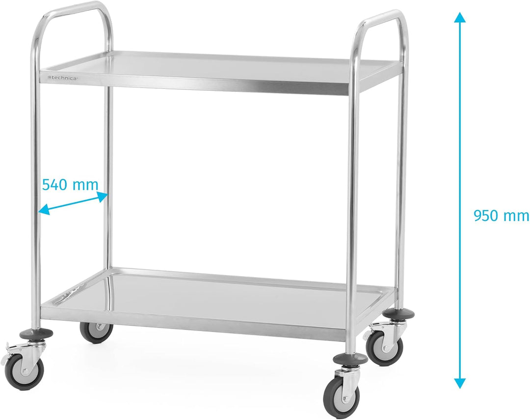 TECHNICA Servierwagen Edelstahl 2 Etagen mit Rollen & Bremse Rundgriff Schalldämmmatte 860x540x940mm