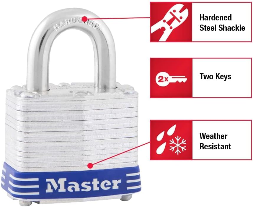 Four-Pin Tumbler Laminated Steel Lock, 2" Wide, Silver/Blue, Two Keys