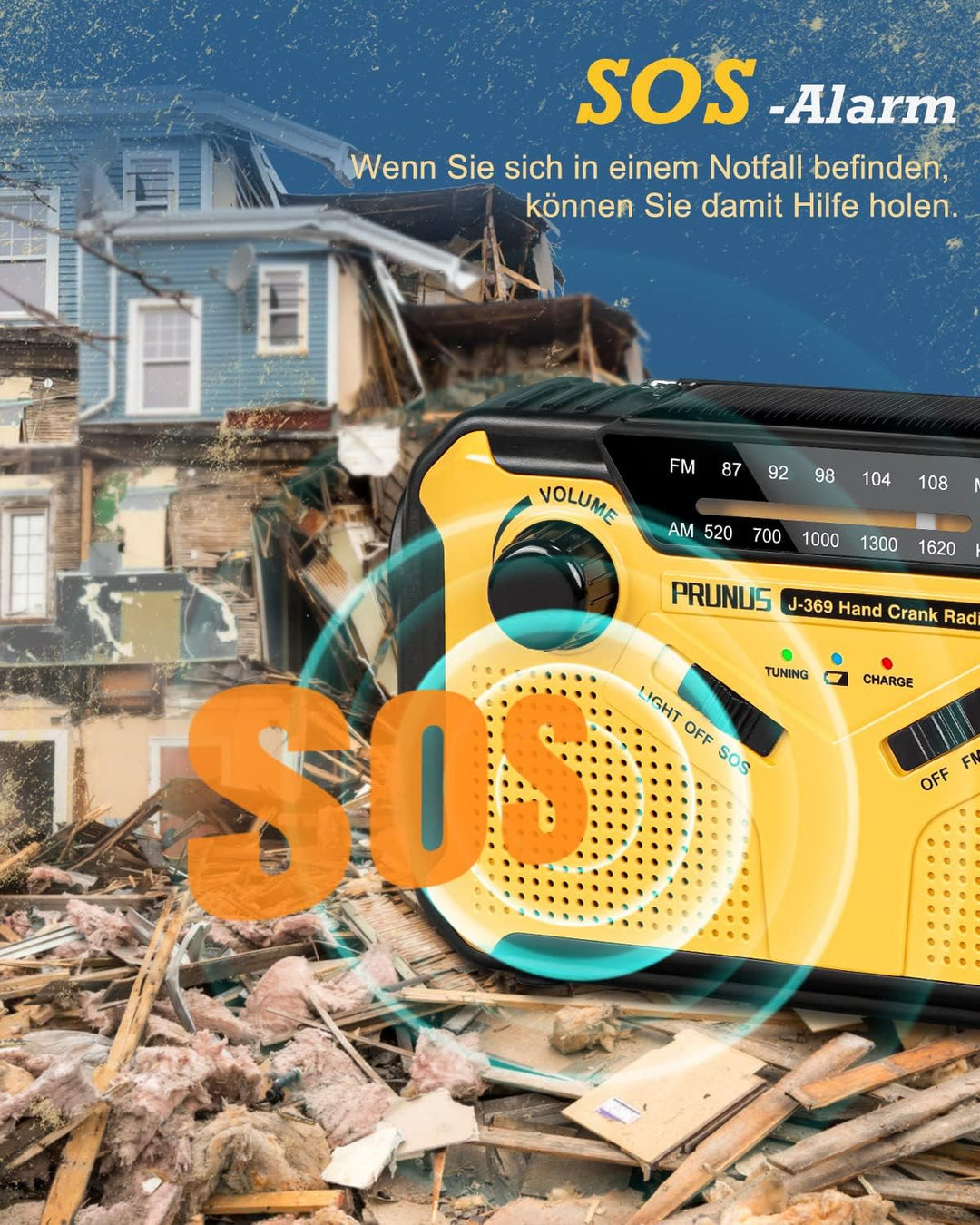 PRUNUS J-369 Solar Radio Kurbel Notfall, FM/AM Radio Batteriebetrieben Notfall, Notfallradio Dynamo