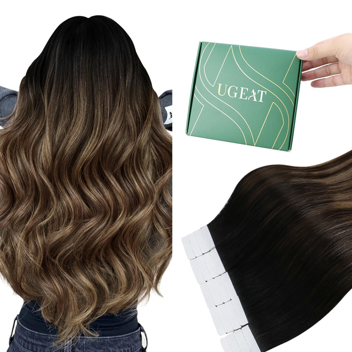Ugeat Haarextension Tape in Echthaar 55cm Tapes in Echthaar Extension Balayage Schwarz zu Karamell B