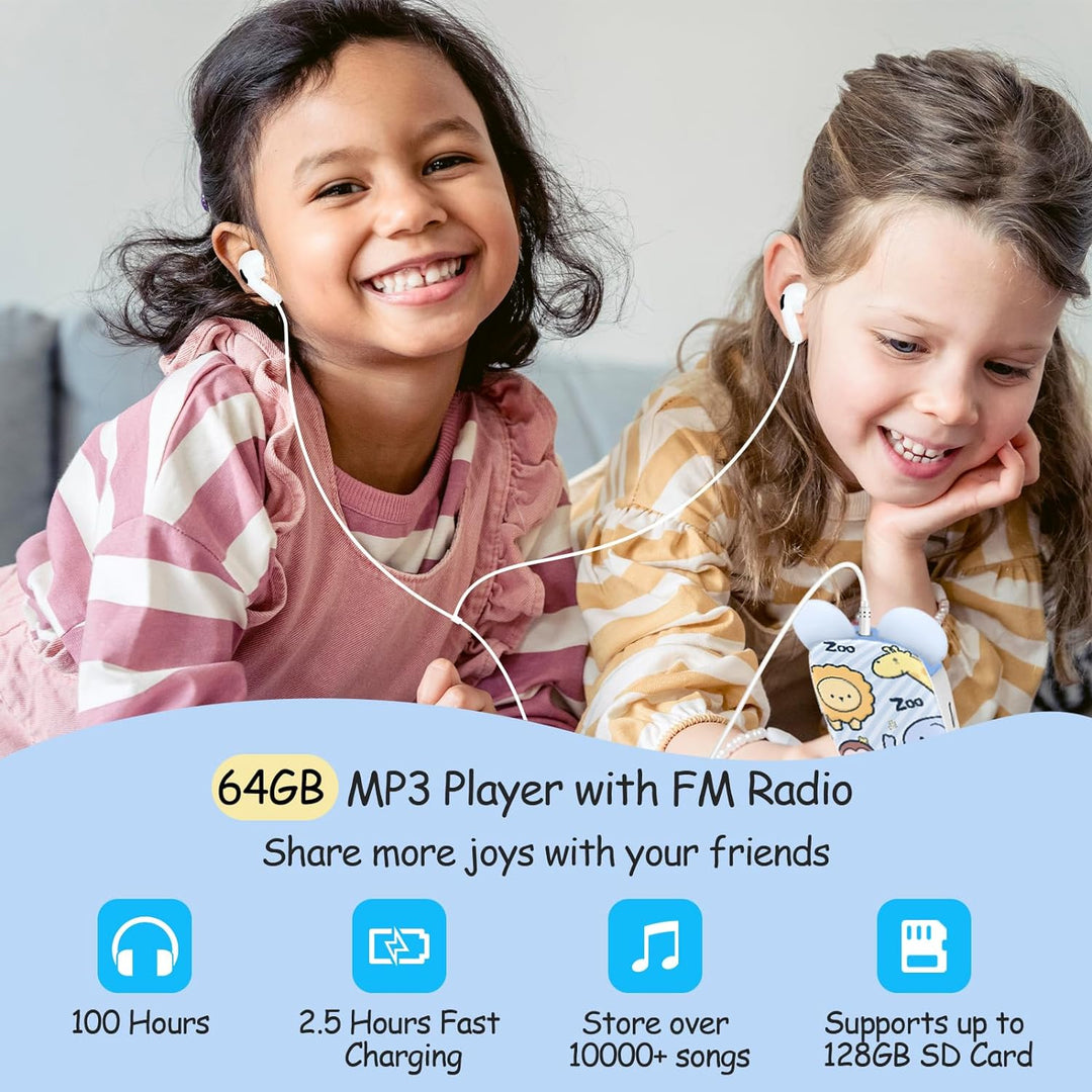 RUIZU 64GB MP3 Player Kinder Bluetooth 5.3 mit kopfhörer Lautsprecher Unterstützt UKW-Radio, Wecker,