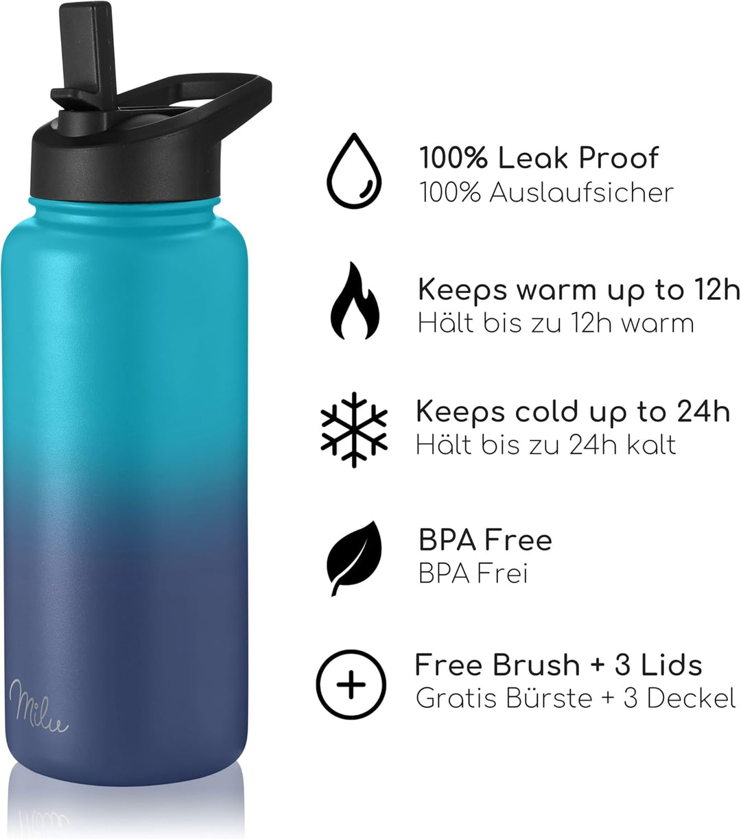 Milu Edelstahl Trinkflasche 500ml, 750ml, 1000ml (+3 Deckel) - Thermosflasche mit Strohhalm, Isolier