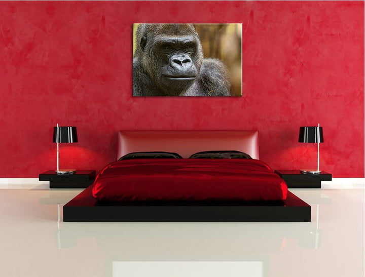 Pixxprint stolzer Gorilla auf Leinwand, XXL riesige Bilder fertig gerahmt mit Keilrahmen, Kunstdruck