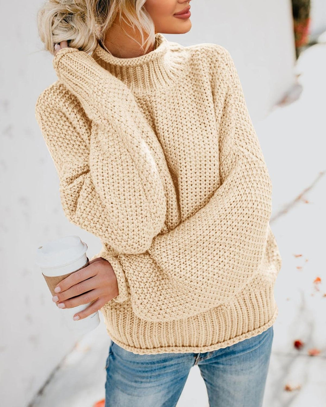 Saodimallsu Damen Pullover Rollkragen Oversized Fledermaus Langarm Sweatshirt Lose Grobstrick Casual