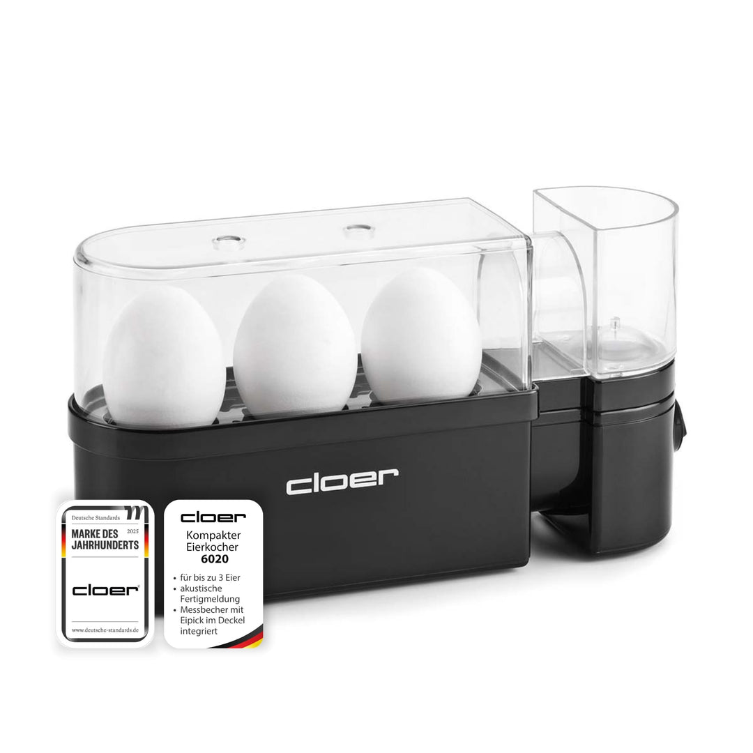 Cloer 6020 Eierkocher, bis zu 3 Eier, herausnehmbarer Eierträger, Servierfunktion, 300 Watt, Kunstst